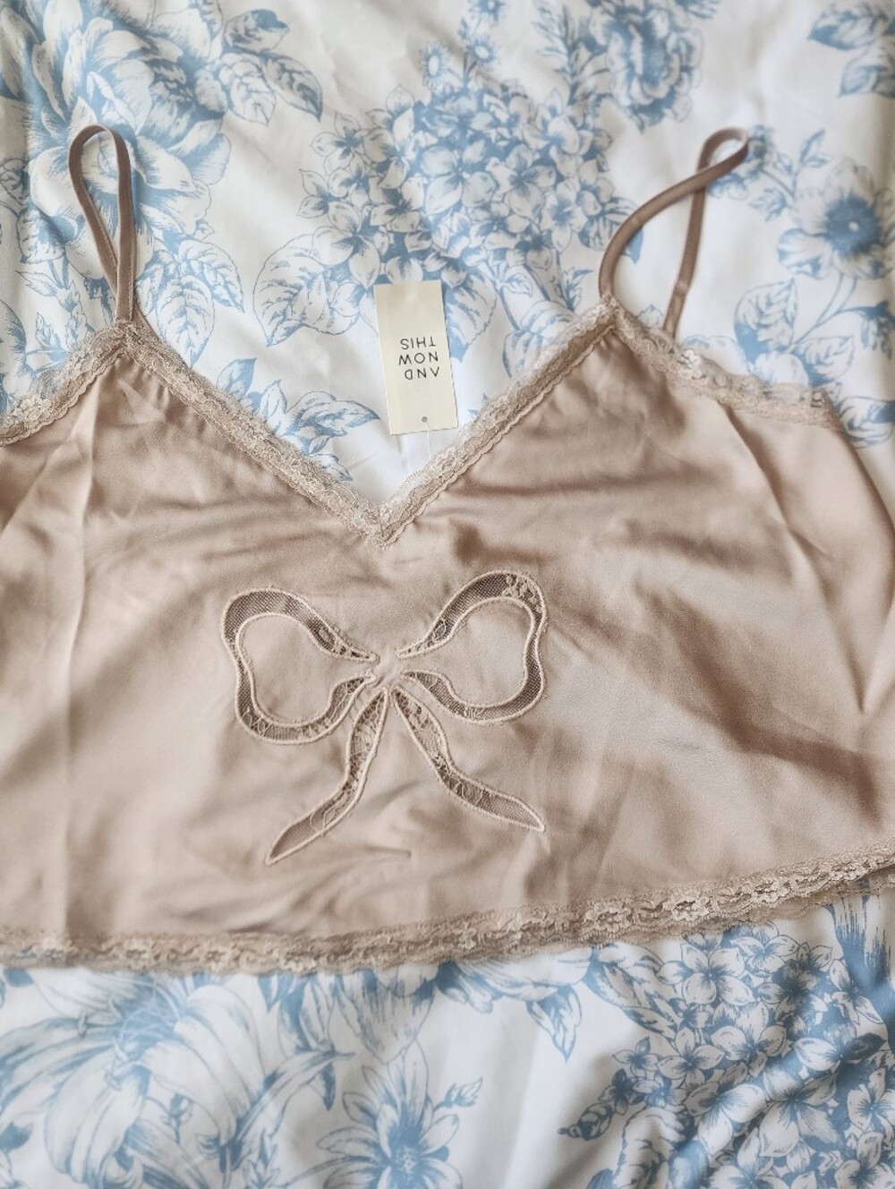 AND NOW THIS - Silk-Feel Beige Lace Trim Bow Camisole XL